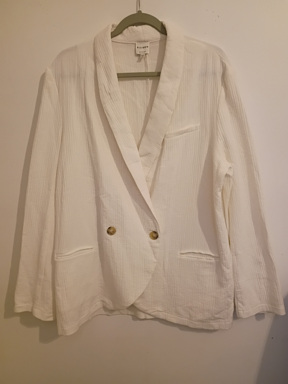 ELLISON White Summer to Fall Double-Breasted Textured Blazer Cotton Sz L NWOT